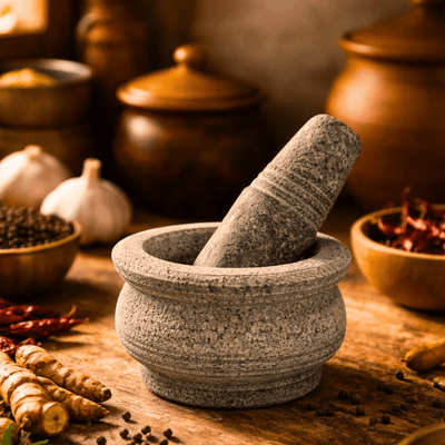Kalvam Stone Mortar and Pestle Round Small  - 5 Inch