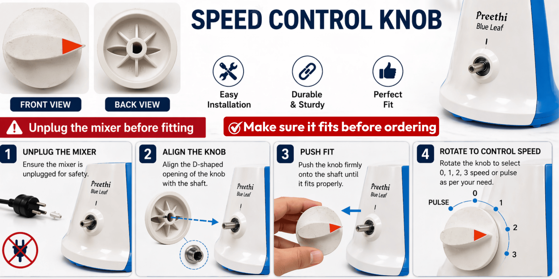 Mixer Grinder Speed Control Knob for Preethi Mixer | White - Twin Palmyra