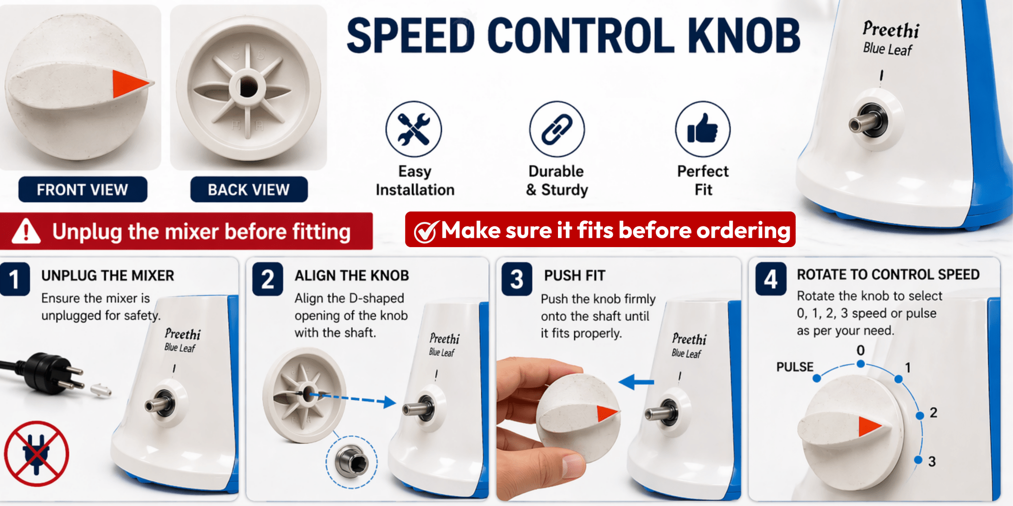 Mixer Grinder Speed Control Knob for Preethi Mixer | White - Twin Palmyra