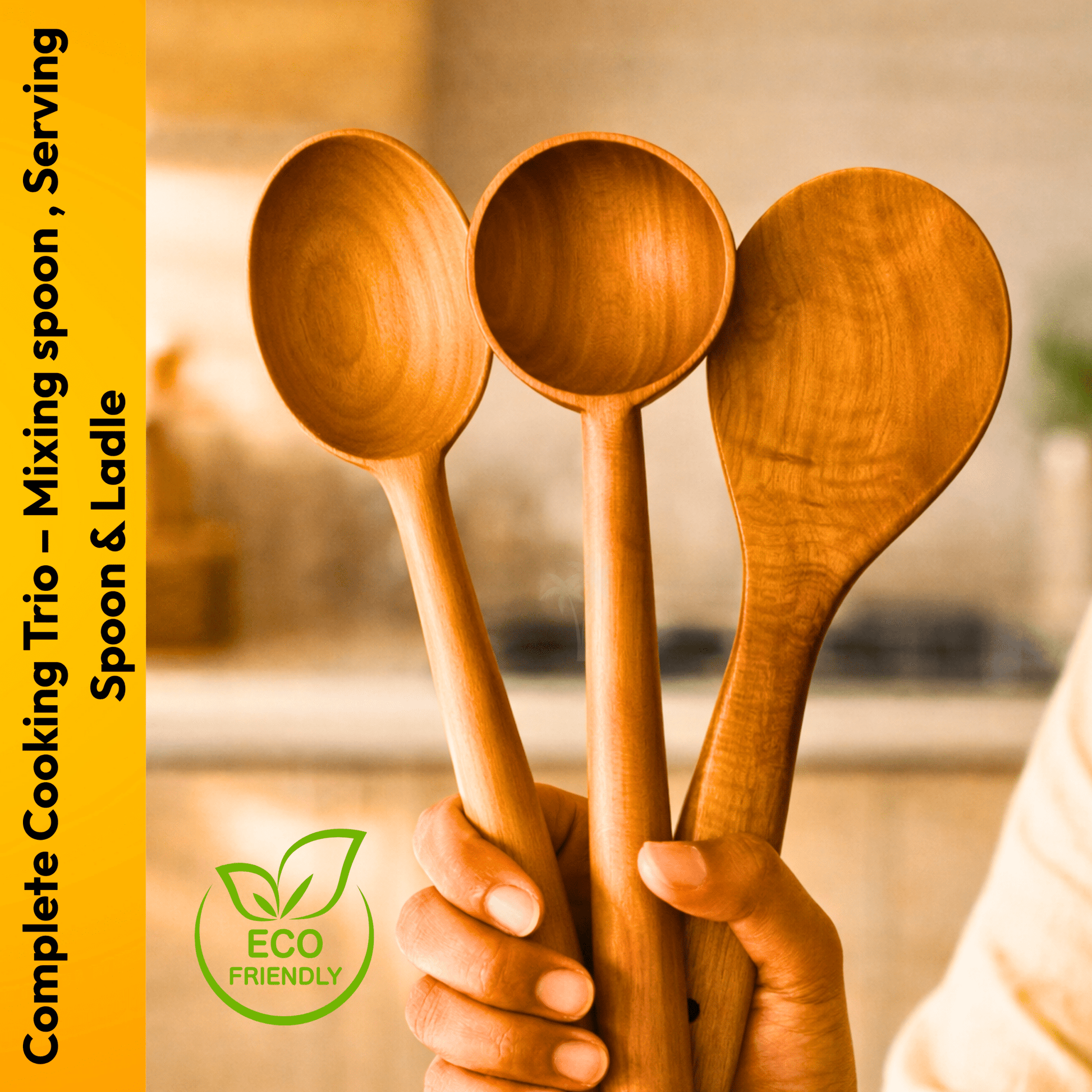 Neem Wooden Spatula - 3 Pcs (Mixing Spoon/Serving spoon/Ladle) - Twin Palmyra