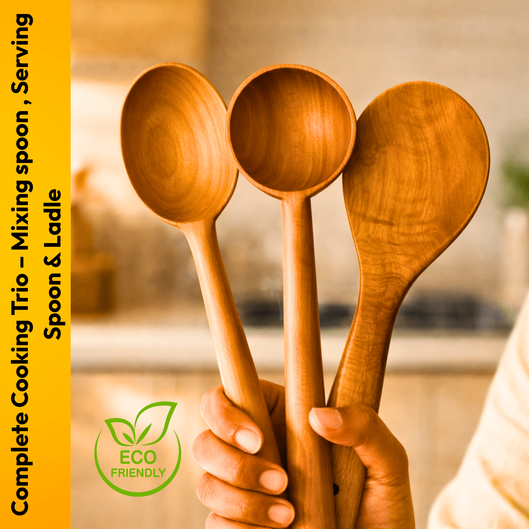 Neem Wooden Spatula - 3 Pcs (Mixing Spoon/Serving spoon/Ladle) - Twin Palmyra