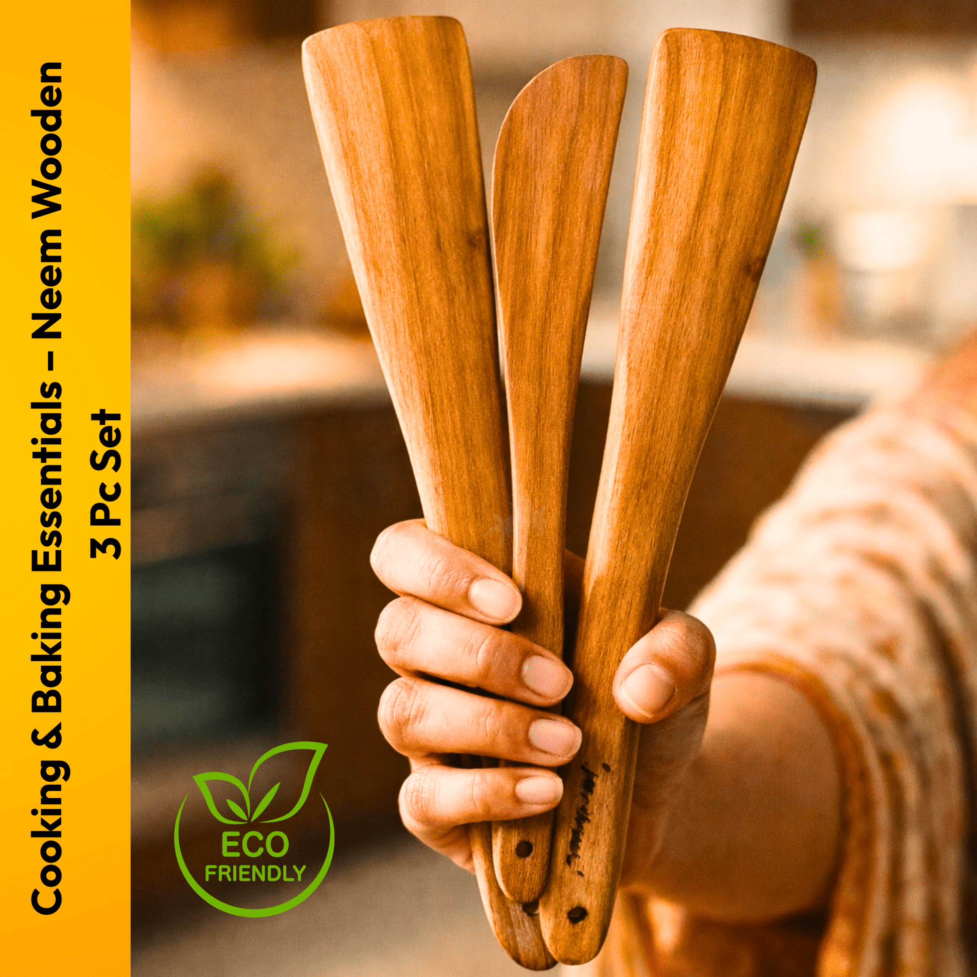 Neem Wooden Spatula Set - 3 Pcs (2 Turners/1 Baking Spatula) - Twin Palmyra