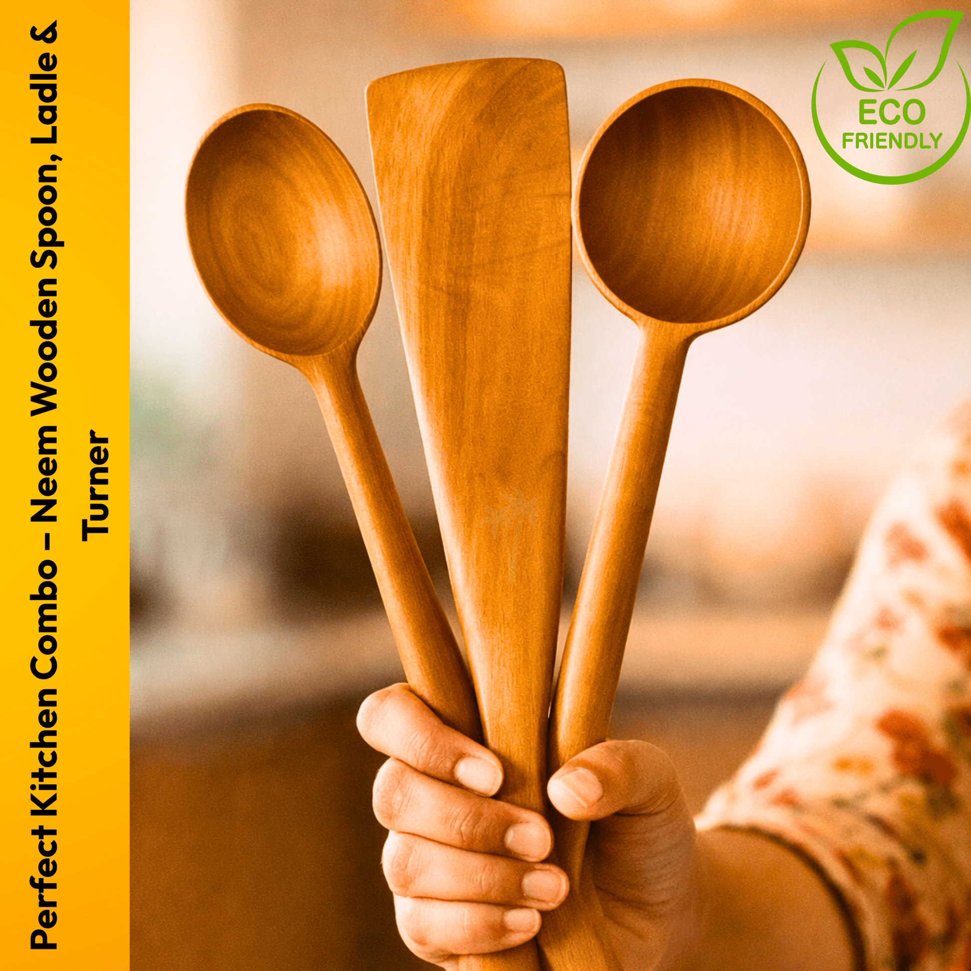 Neem Wooden Spatula Set - 3 Pcs (Mixing Spoon/Ladle/Turner) - Twin Palmyra