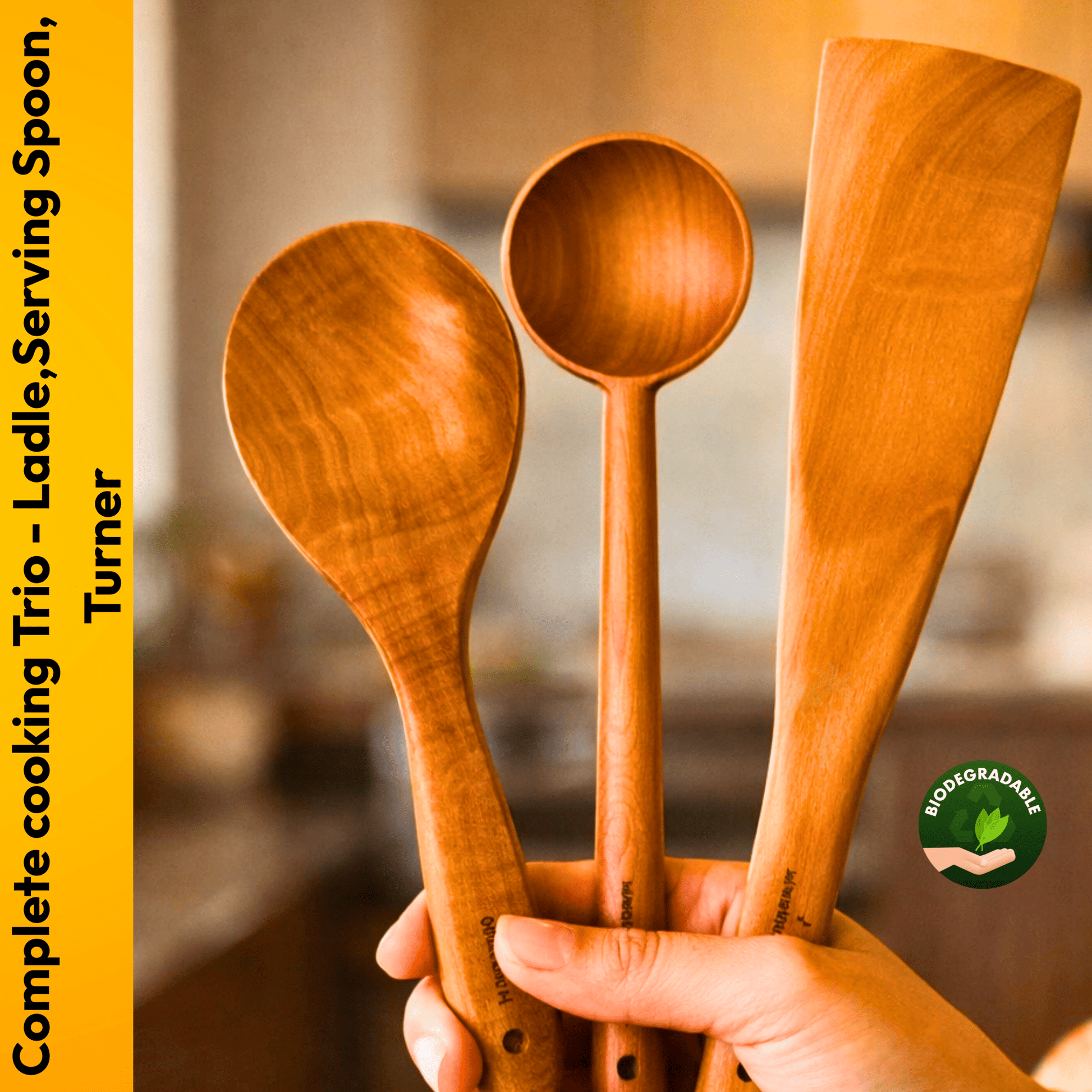 Neem Wooden Spatula Set - 3 Pcs(Ladle/Serving Spoon/Turner) - Twin Palmyra