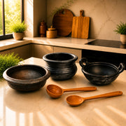 Premium Kitchen Starter Combo | Kadai | Meen kulambu Satti | Paruppu Sati | Ladle & Mixing Spoon - Twin Palmyra