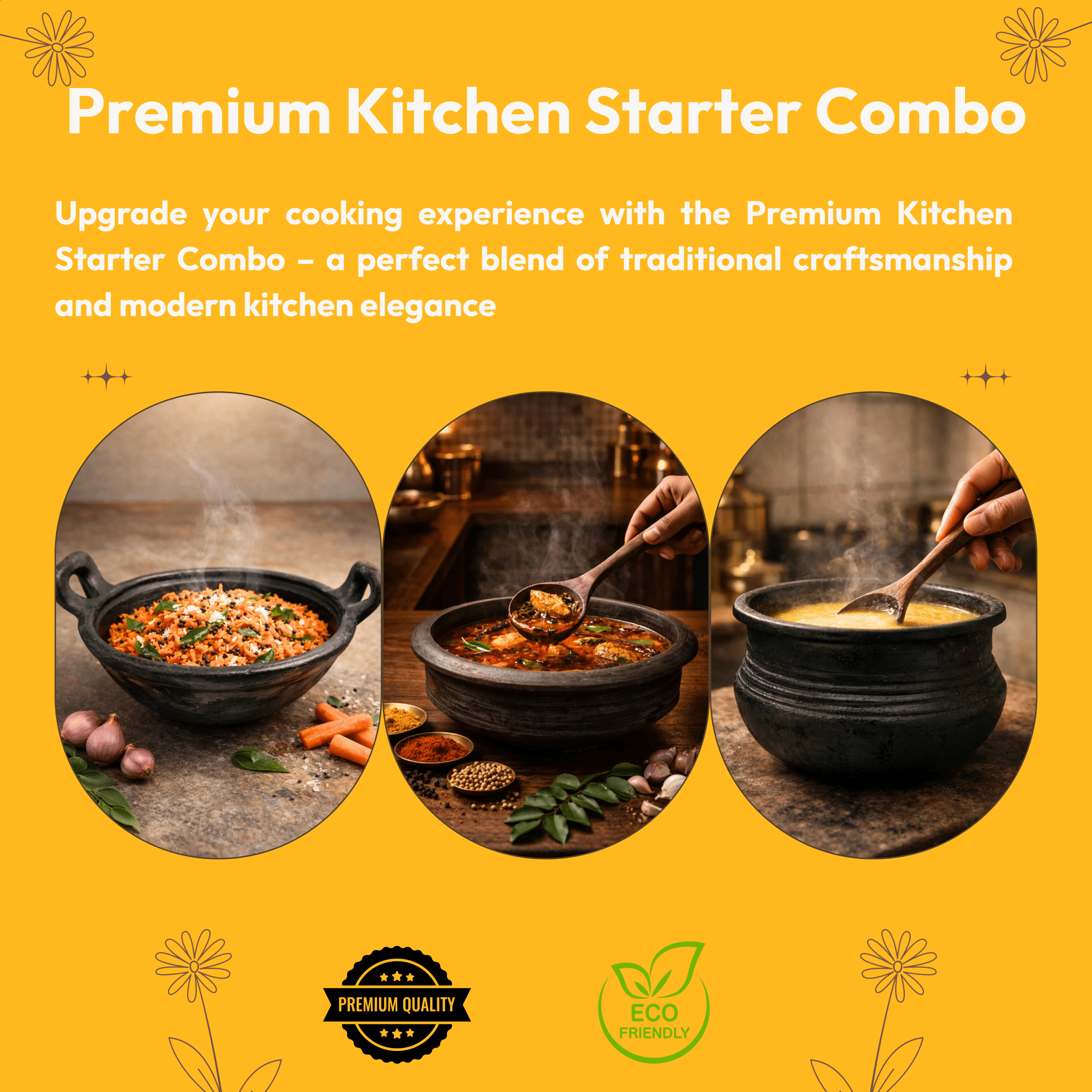 Premium Kitchen Starter Combo | Kadai | Meen kulambu Satti | Paruppu Sati | Ladle & Mixing Spoon - Twin Palmyra