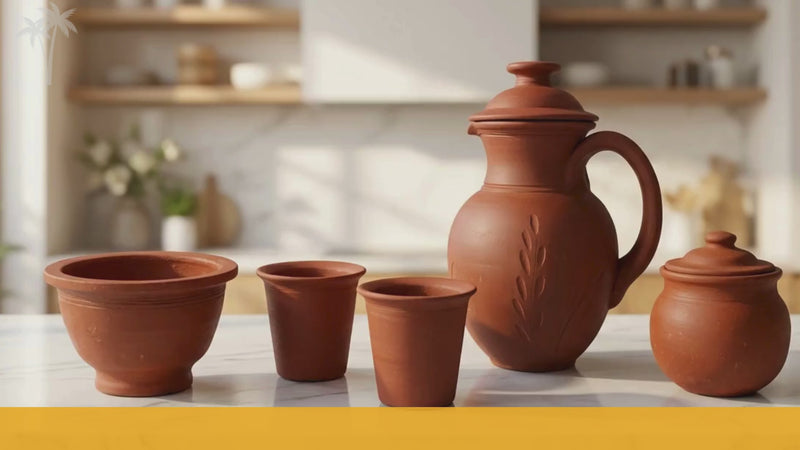 Everyday cooler combo featuring terracotta water bottle, clay tumbler, moor pot essentials for natural cooling.