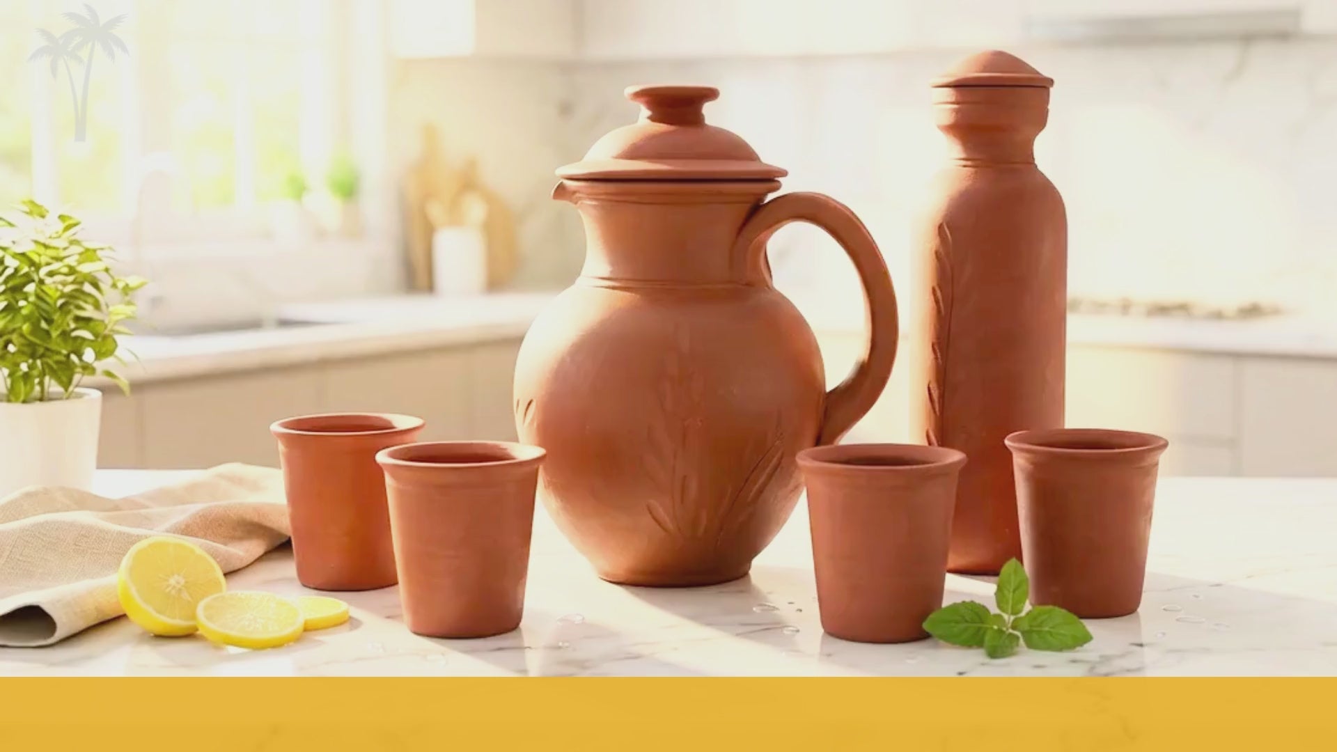 Load video: Clay Hydration Combo – terracotta water jug, bottle, and set of 4 tumblers for natural cooling and eco-friendly drinking water storage.