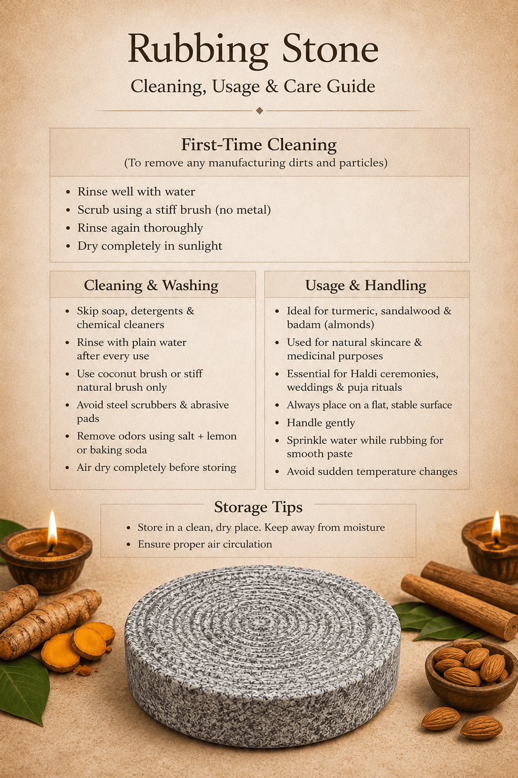 Rubbing Stone Round 4 Inch — Turmeric, Sandalwood & Almond Grinding Stone - Twin Palmyra