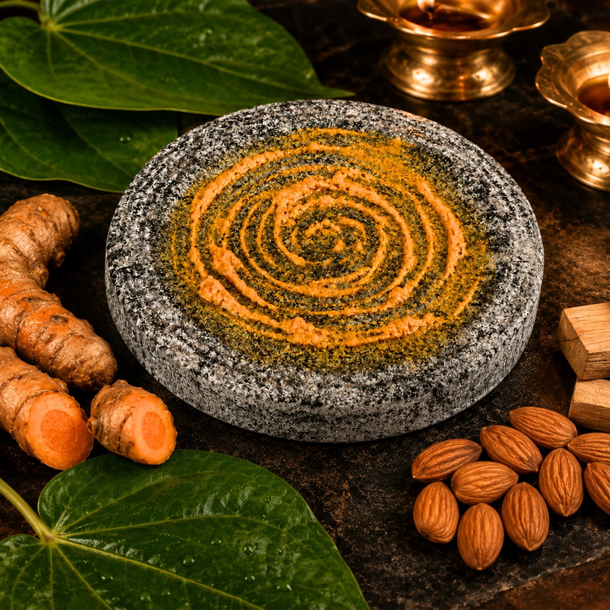 Rubbing Stone Round 4 Inch — Turmeric, Sandalwood & Almond Grinding Stone - Twin Palmyra