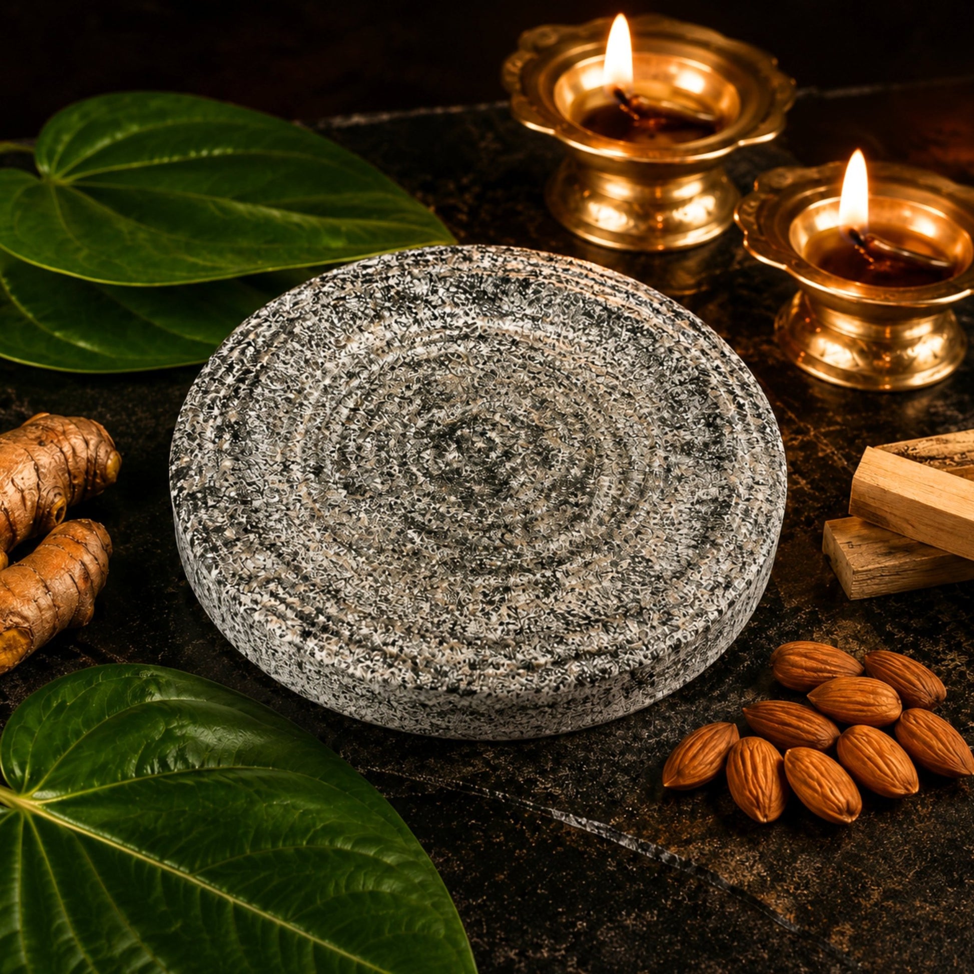 Rubbing Stone Round 4 Inch — Turmeric, Sandalwood & Almond Grinding Stone - Twin Palmyra