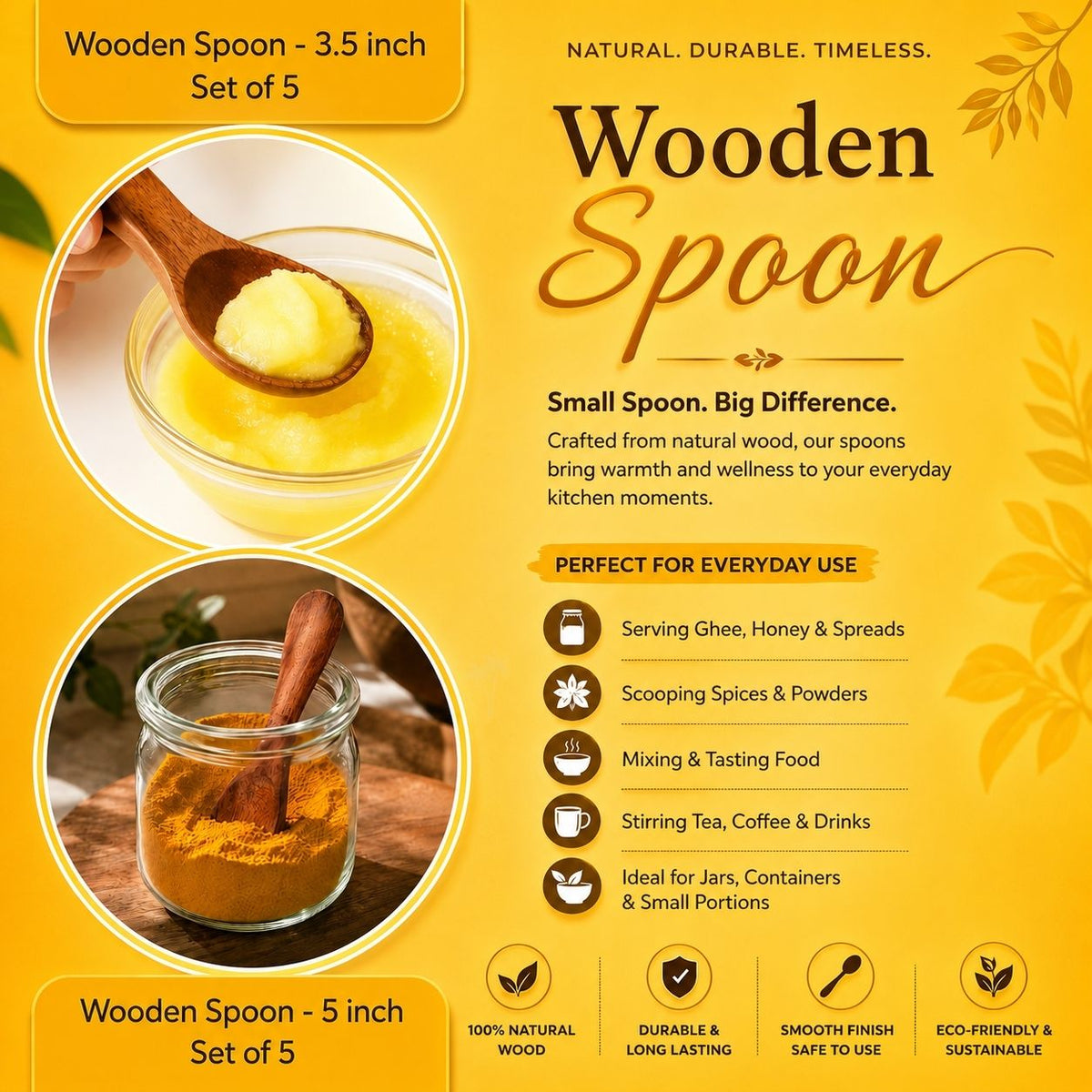 Wooden Spoon Set of 10 – 5 Inch & 3.5 Inch Kitchen Spoons - Twin Palmyra