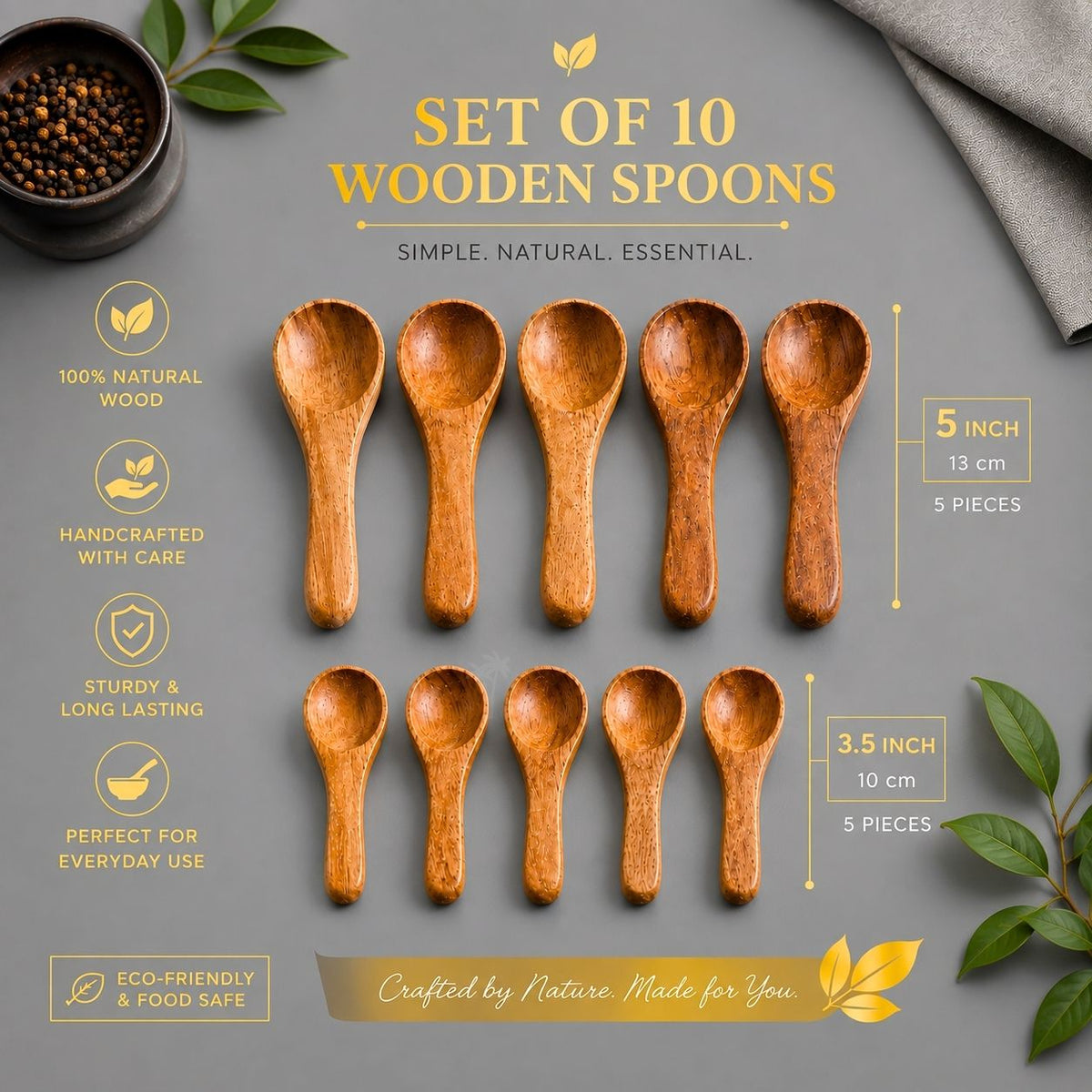 Wooden Spoon Set of 10 – 5 Inch & 3.5 Inch Kitchen Spoons - Twin Palmyra